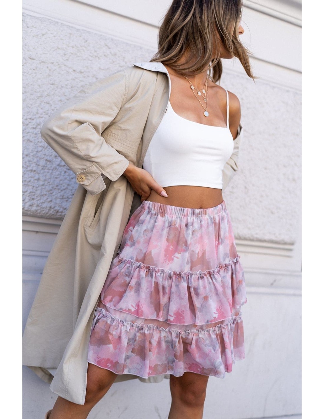 Chiffon mini skirt with ruffles, pink and brown 0533 - Online store - Boutique